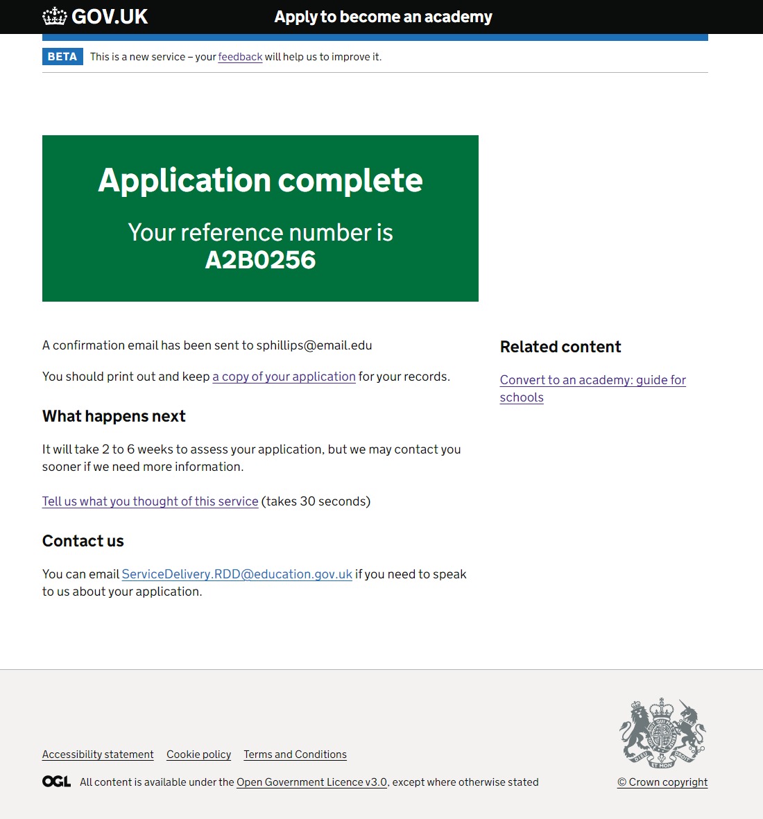 Screenshot of the proposed new confirmation page with a link to give feedback.