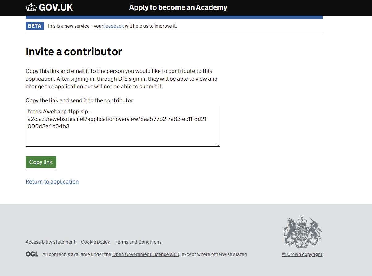 Screenshot of the invite contributor page, it includes a text box with a link and a button with the text Copy link