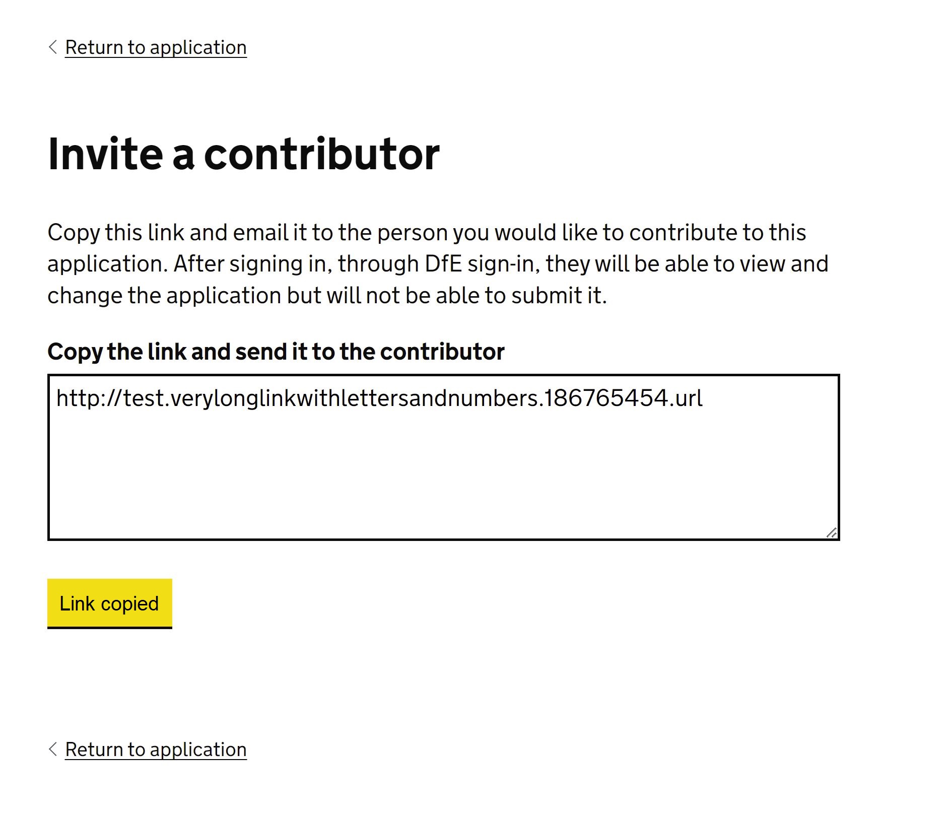 Screenshot of the invite contributor page, it includes a text box with a link and a button with the text Link copied