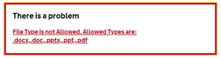 Screenshot shows error a list of allowed types of files after uploading process has begun.