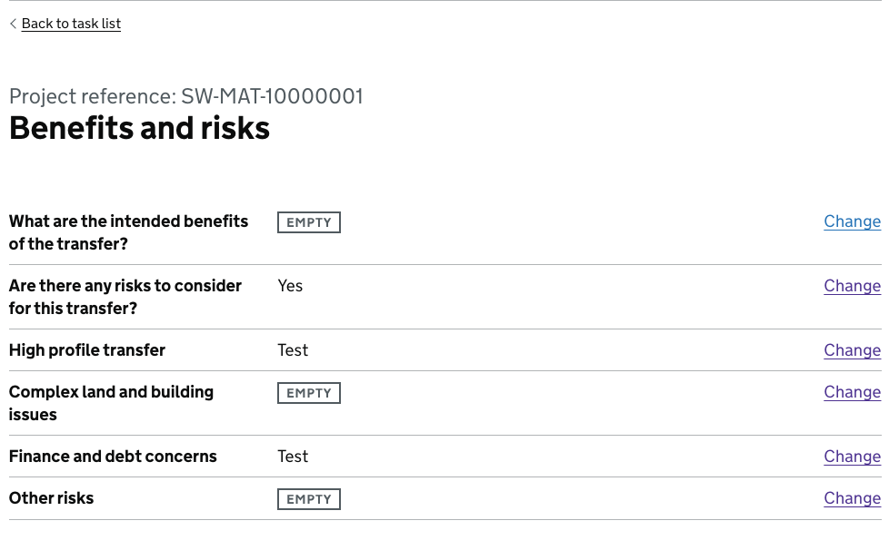 Benefits and risks task page